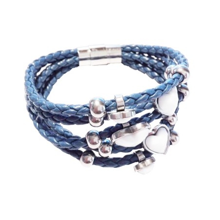 Pulsera cuero azul con corazones blancos