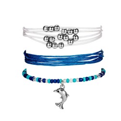 conjunto de tres pulseras de algodón blanco y azul